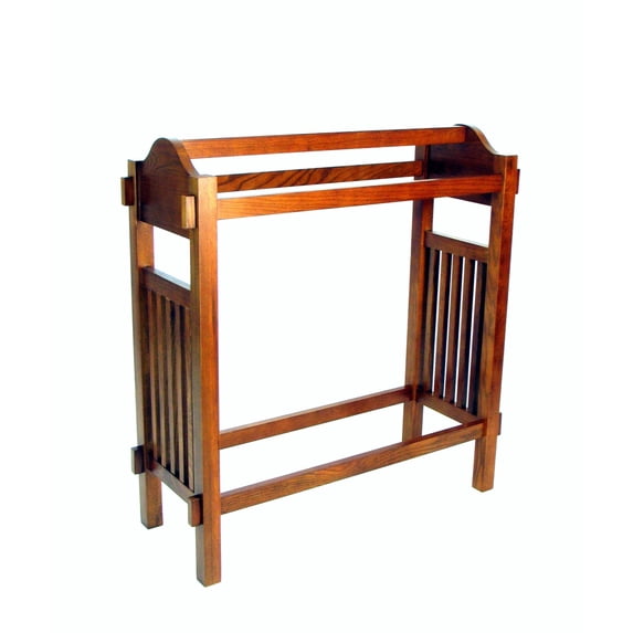 Wooden Mission Style Quilt Rack with 3 Hanging Bars on Scrolled Top, Brown- Saltoro Sherpi