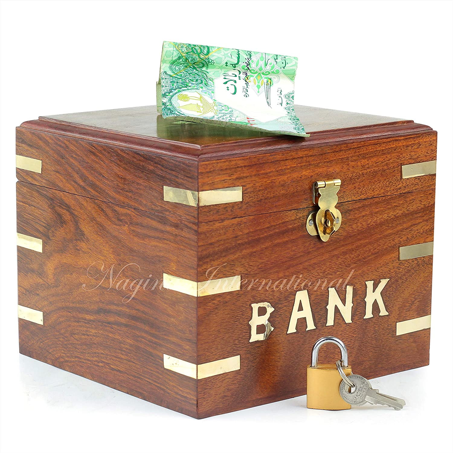 Handmade Wooden Piggy Bank With Brass Corners – Money Saving Box For Kids & Adults, 3x4x4.25 Inches, Sheesham Wood