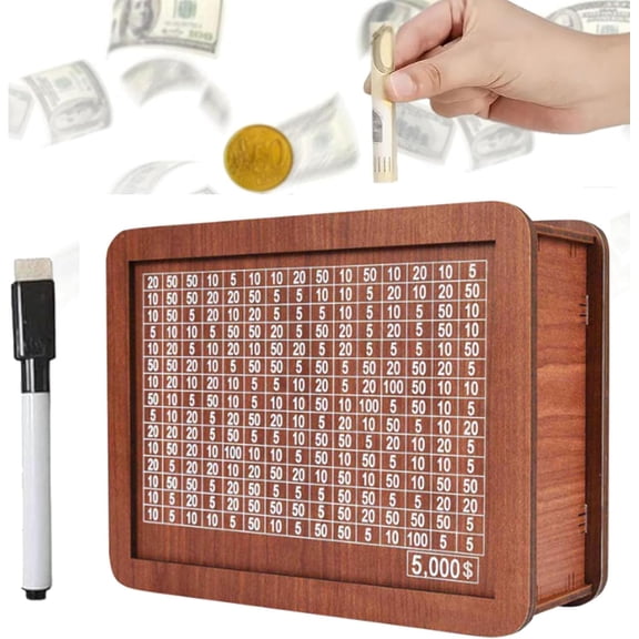 Wooden Money Box with Money Target and Numbers, Coin Counter Piggy Bank, Savings Challenges Money Box, Cash Vault Wooden Savings Box 10,000, Cash Saver Box with Marker Pen (5000 Dollar)