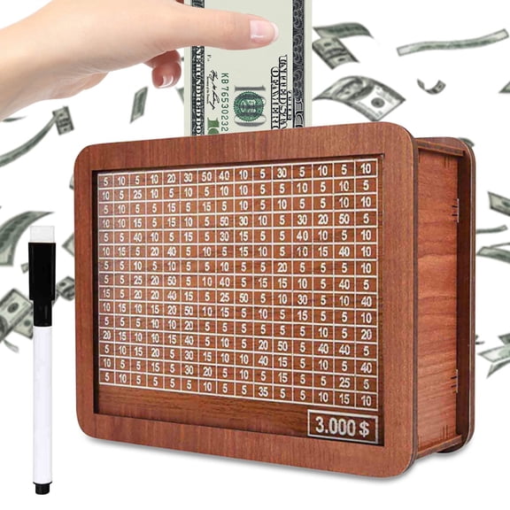 Wooden Money Savings Challenge Box, Cash Vault Wooden Savings Box, Wooden Money Box for Cash with Counter, Coin Counter Box, Piggy Bank Money Box with Money Numbers Target