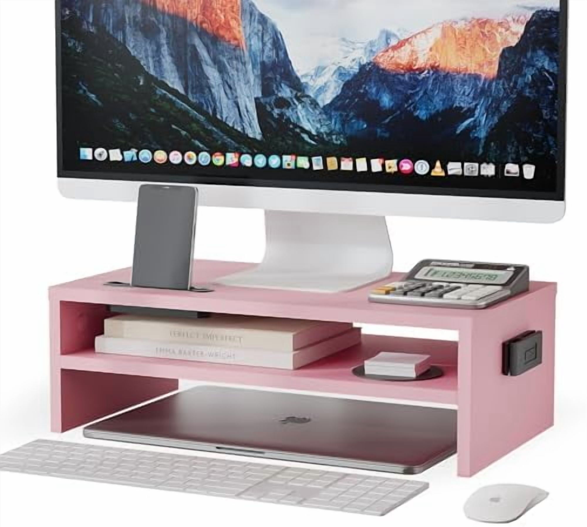 Pink Monitor Risers With Shelf Wooden Monitor Stand Riser, 2-Tier Desk Shelf with Storage Organizer ...