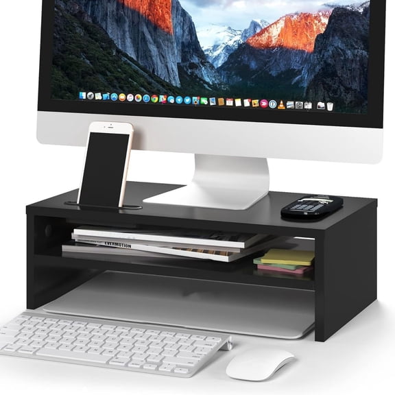 Wooden Monitor Stand Riser, 2-Tier Desk Shelf with Storage Organizer, Computer Stand with Cable Management, Cellphone Holder, Black, 16.5 Inch