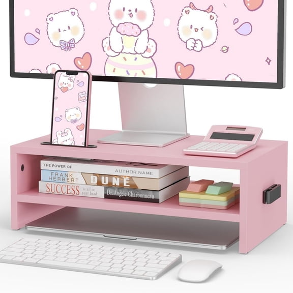 Wooden Monitor Stand Riser, 2-Tier Desk Shelf with Storage Organizer, Computer Stand with Cable Management, Cellphone Holder, Pink, 16.5 Inch