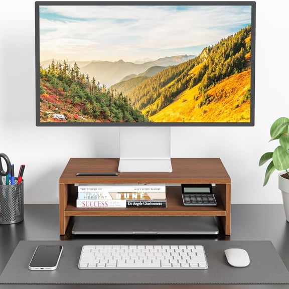 Wooden Monitor Stand Riser, 2-Tier Desk Shelf with Storage Organizer, Computer Stand with Cable Management, Cellphone Holder, Walnut, 16.5 Inch