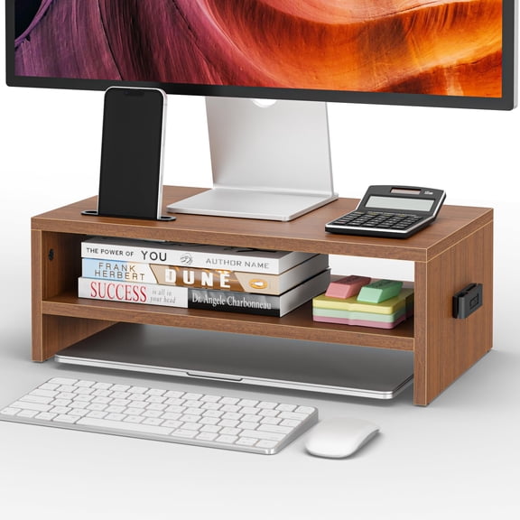 Wooden Monitor Stand Riser 2-tier Desk Shelf With Storage Organizer Computer Cable Management Cellphone Holder Walnut 16.5 Inch