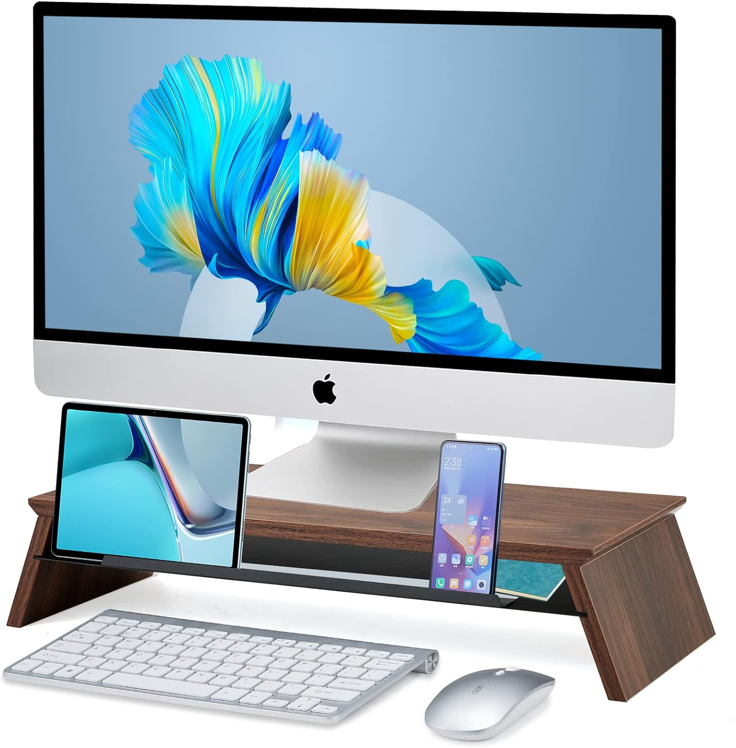 Wooden Monitor Stand Riser, Desk Monitor Riser with Drawers, Solid Wood