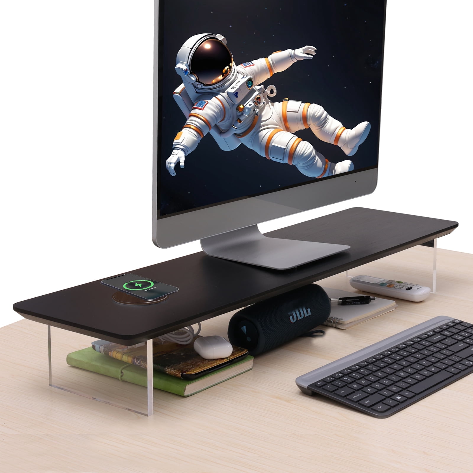 Wooden Monitor Stand Riser with Wireless Charging 31.5Inch Large, Computer Monitor Stand,Wooden Desktop Organizer Shelf for Office Desk Computer,Laptop,TV (Black Oak)