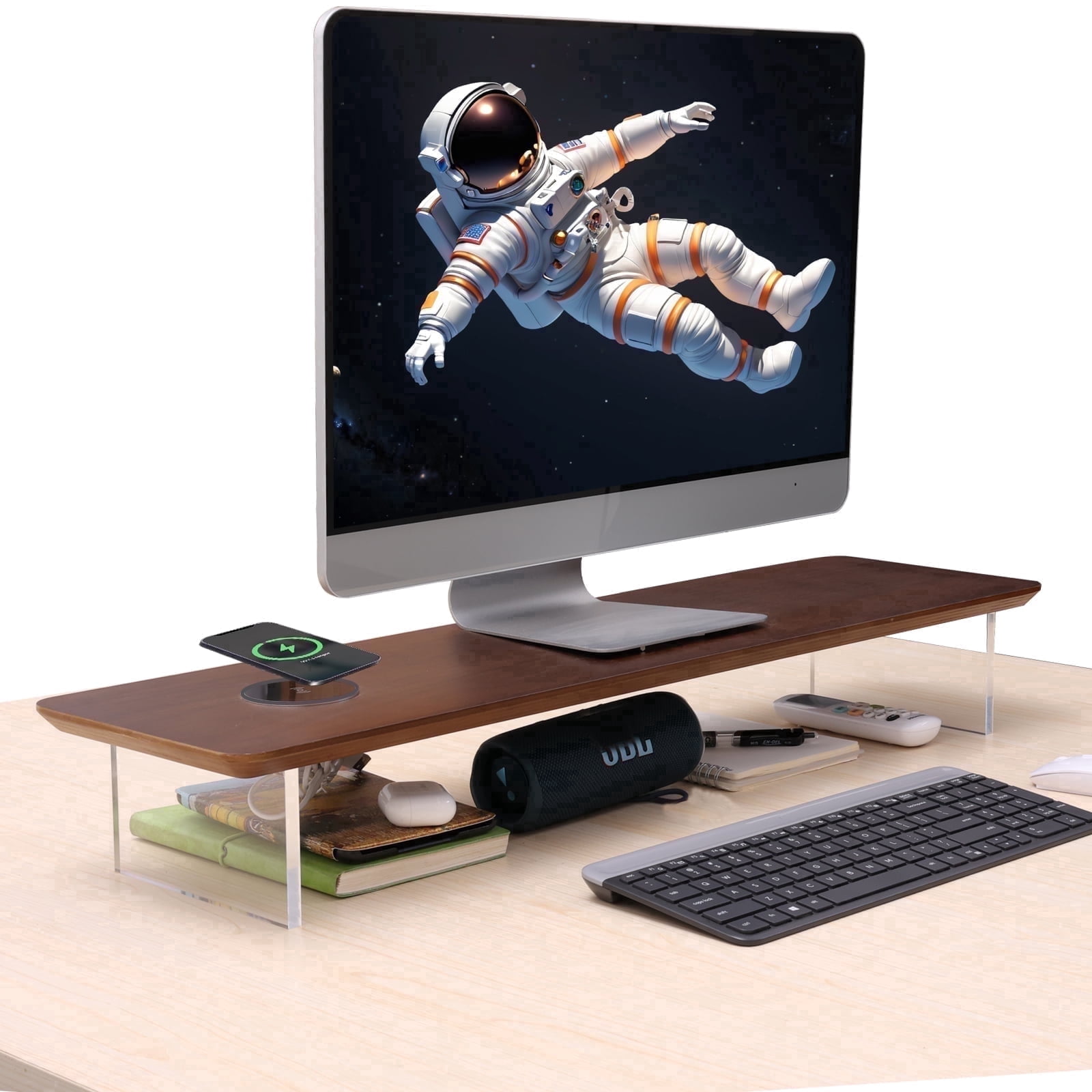 Monitor Stand Computer Shelf SUIBIAN Wooden Monitor Stand Riser with Wireless Charging USB Port ...