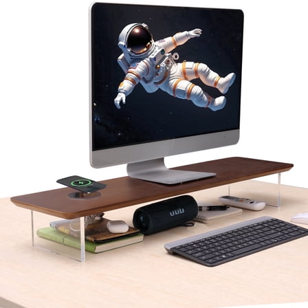 SUIBIAN Wooden Monitor Stand Riser with Wireless Charging USB Port Desktop Organizer Shelf 31.5 Inch Large 1 Pack