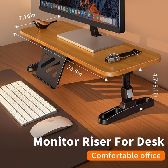 Wooden Monitor Stand Riser with Adjustable Height & Hidden Phone Holder for Desk Storage Organizer