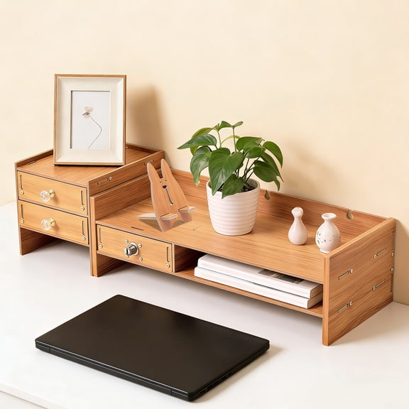 Wooden Monitor Stand with Drawers, Desk Organizer with Storage, Computer Riser with Pull-Out Drawers for Office, Home, and Workspace Organization