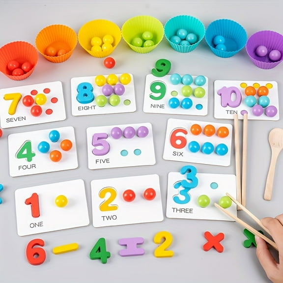 Wooden Math Learning Toy Set Early Educational Counting Beads with Animal Matching and Color Sorting, Hands-On Arithmetic Toy for Kids