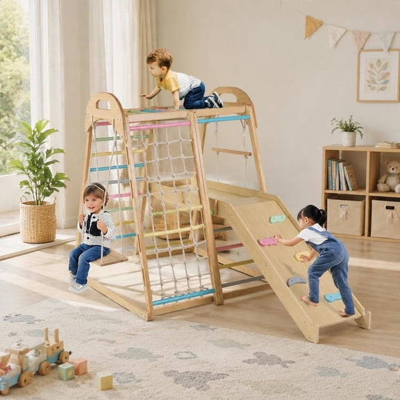 Wooden Montessori Climber Playset, 8-In-1 with slide, monkey bars, rope nets, swing, for kids aged 3-5 years old
