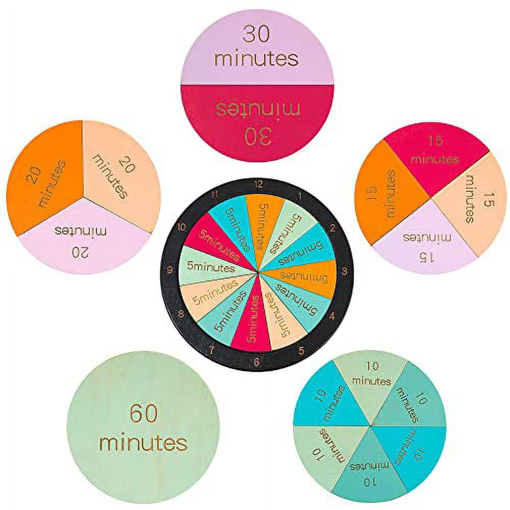 Wooden Montessori Fraction Clock Toy, Math Learning Time Teaching