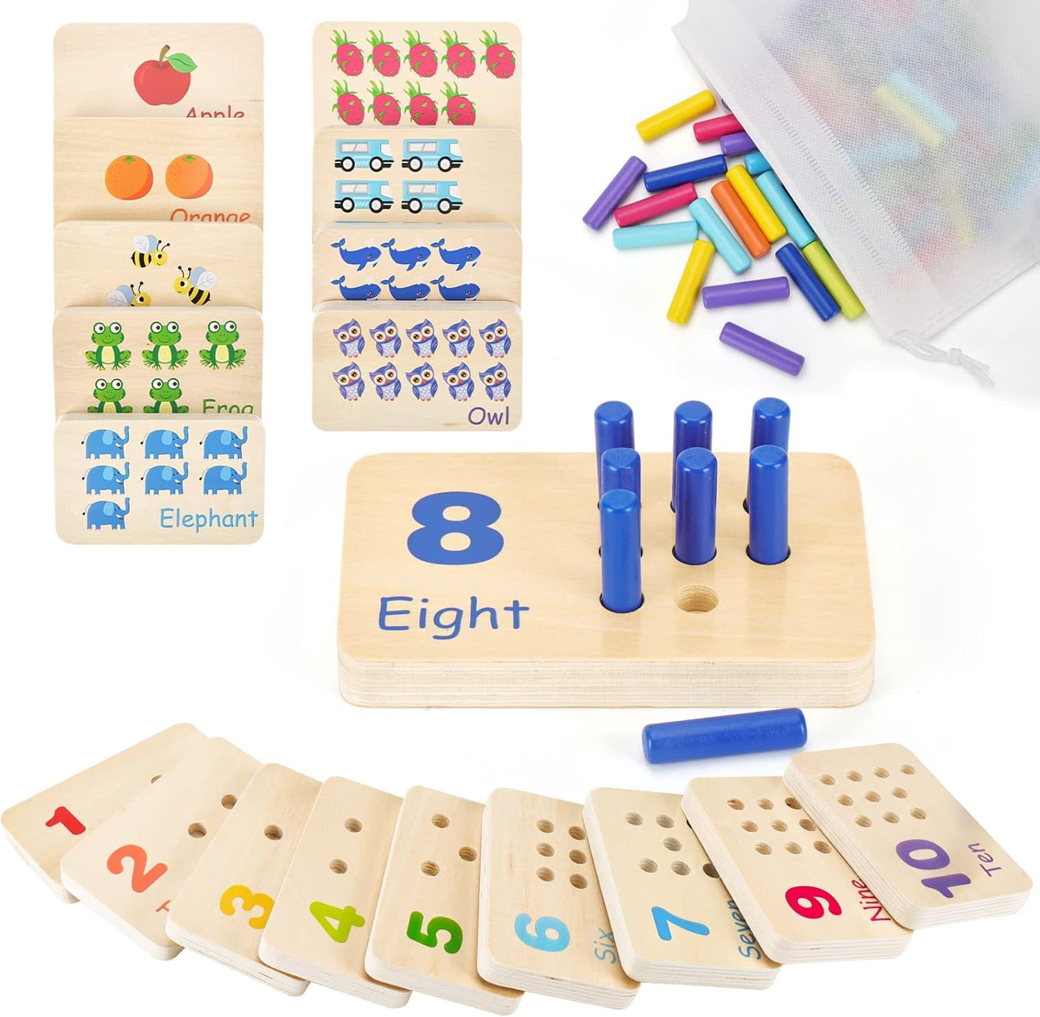 Wooden Montessori Number Blocks for Toddlers, Counting Peg Board for ...