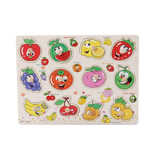 Wooden Montessori Toddler Puzzles for 1 2 3 4 Years Old, Fruit Vegetable Number Letter, Kids Preschool Educational Peg Puzzle Set