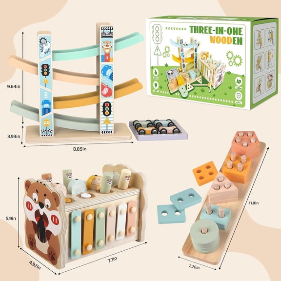 Wooden Montessori Toys for 1 Year Old, Pounding Hammering Toy with Xylophone & Fishing Game, Car Ramp Toy, Stacking Blocks & Shape Sorter 3 in 1 Wooden Toddler Toys 1 2 3 for Christmas Birthday Gifts
