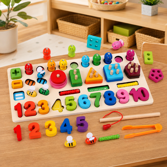 RNKR Montessori Wooden Learning Toy for Toddlers 3+, 7-in-1 Number & Shape Sorting Board with Magnetic Fishing Game, Fine Motor Skills Educational Toy