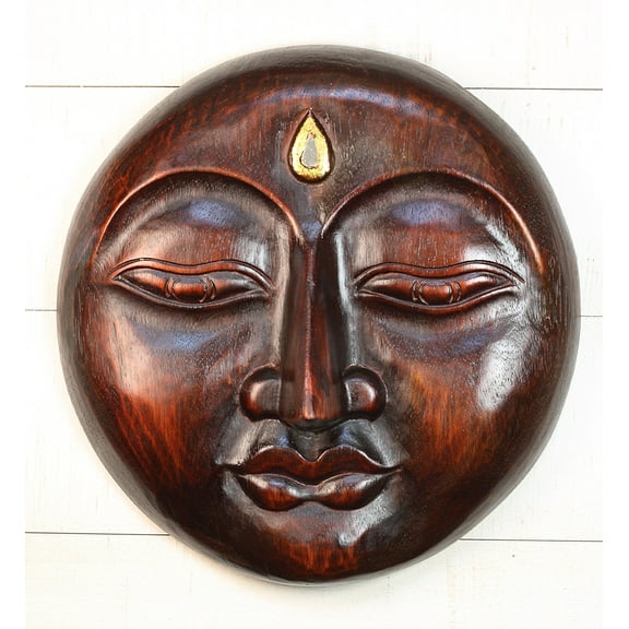 Wooden Moon Face Wall Art – Hand Carved Crescent Moon Mask, Rustic Boho Home Decor Accent Size: 13.5" diameter x 3" deep