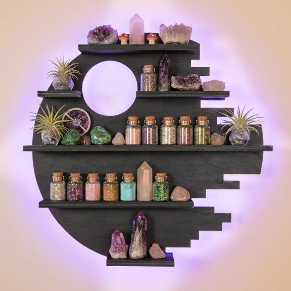 Wooden Moon Shelf with LED Lights, Crystal Wall Shelf for Rock Gem Stone Display Witchy Trinkets Holder Boho Wall Decor Floating Shelves for Nail Polish & Essential Oil
