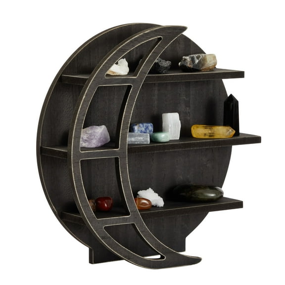 Farmlyn Creek Wooden Moon Shelf - Polished Gothic Wall Decor - Crystal Shelf Display & Essential Oil Organizer - Home Decor Accent - 12 x 12 x 3 in, Rustic Black