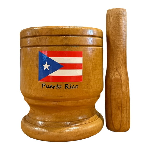 Wooden Mortar Pilon Puerto Rico Flag Medium