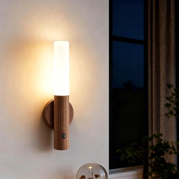 Wooden Motion Sensor LED Light, Rechargeable Battery Wall Sconce, Portable Night Light for Hallway Bedroom