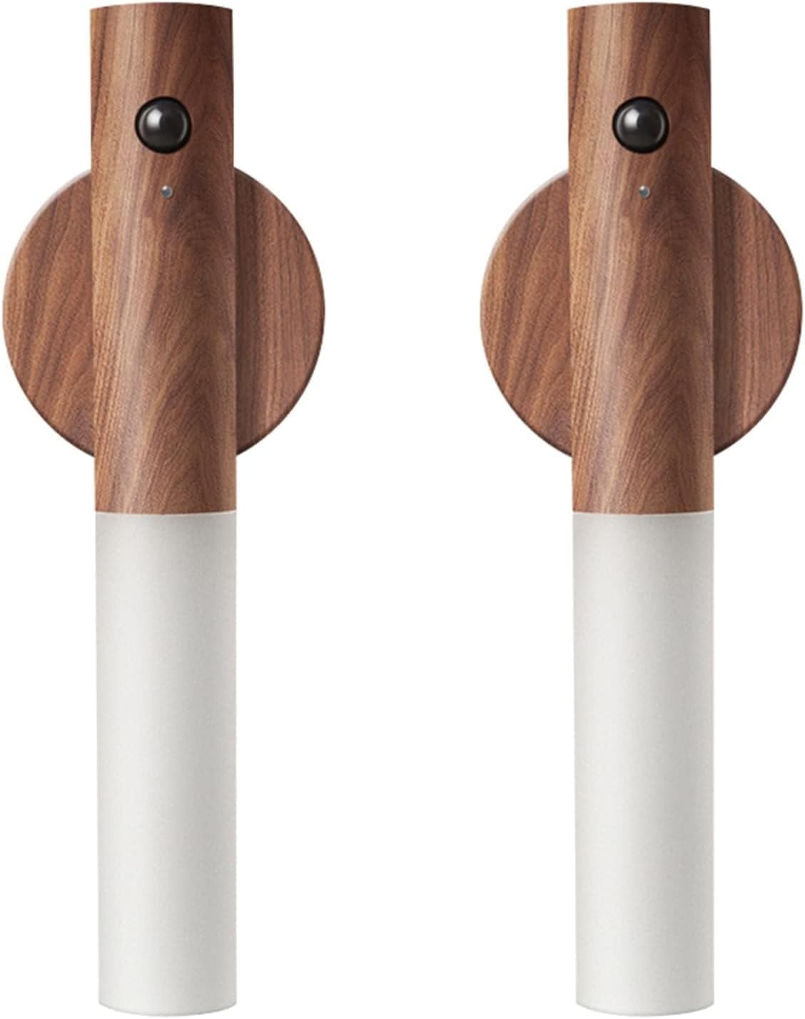 Wooden Motion Sensor Night Lights, Magnet Body Hallway Rechargeable LED Wireless Wall Sconces, Portable Decor Battery Powered Indoor Torch Lighting for Bedroom (Walnut Wood 2PCS)