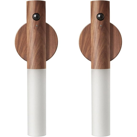 Wooden Motion Sensor Night Lights, Magnet Body Hallway Rechargeable LED Wireless Wall Sconces, Portable Decor Battery Powered Indoor Torch Lighting for Bedroom (Walnut Wood 2PCS)