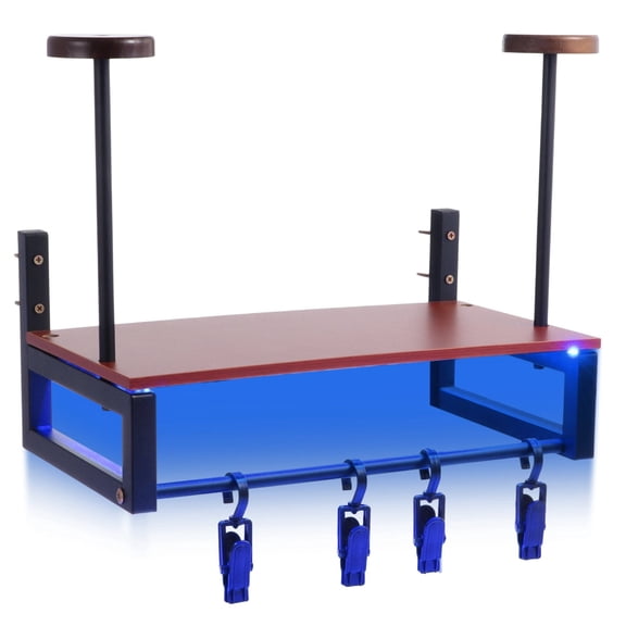 Wooden Motorcycle Helmet Holder with Blue Lights Strip, Sturdy Metal and Wood Frame Helmet Rack Wall Mount with 4 Hooks for Helmet, Gloves and Motorcycle Accessories Display