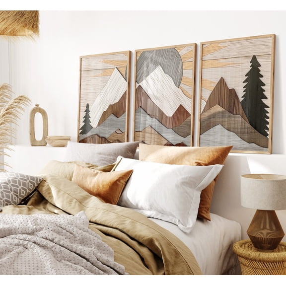 Wooden Mountain Abstract Wall Art Brown Set 3 Stretched Canvas 12x18