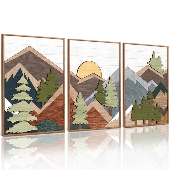 HPNIUB Wooden Mountain 3D Framed Wall Art Forest Landscape Vintage Nature Decor Mid Century Modern Sunrise Cutout for Farmhouse Bedroom Living Room 16x24 Inch