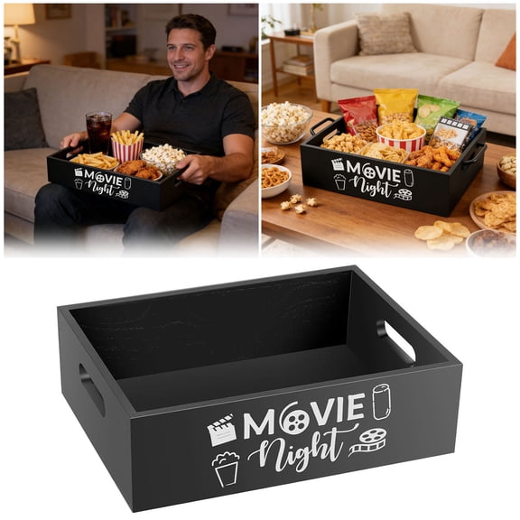 Wooden Movie Night Snack Tray With Handles - Large Capacity Popcorn & Snack Storage Box For Family Room, Living Room & Movie Nights