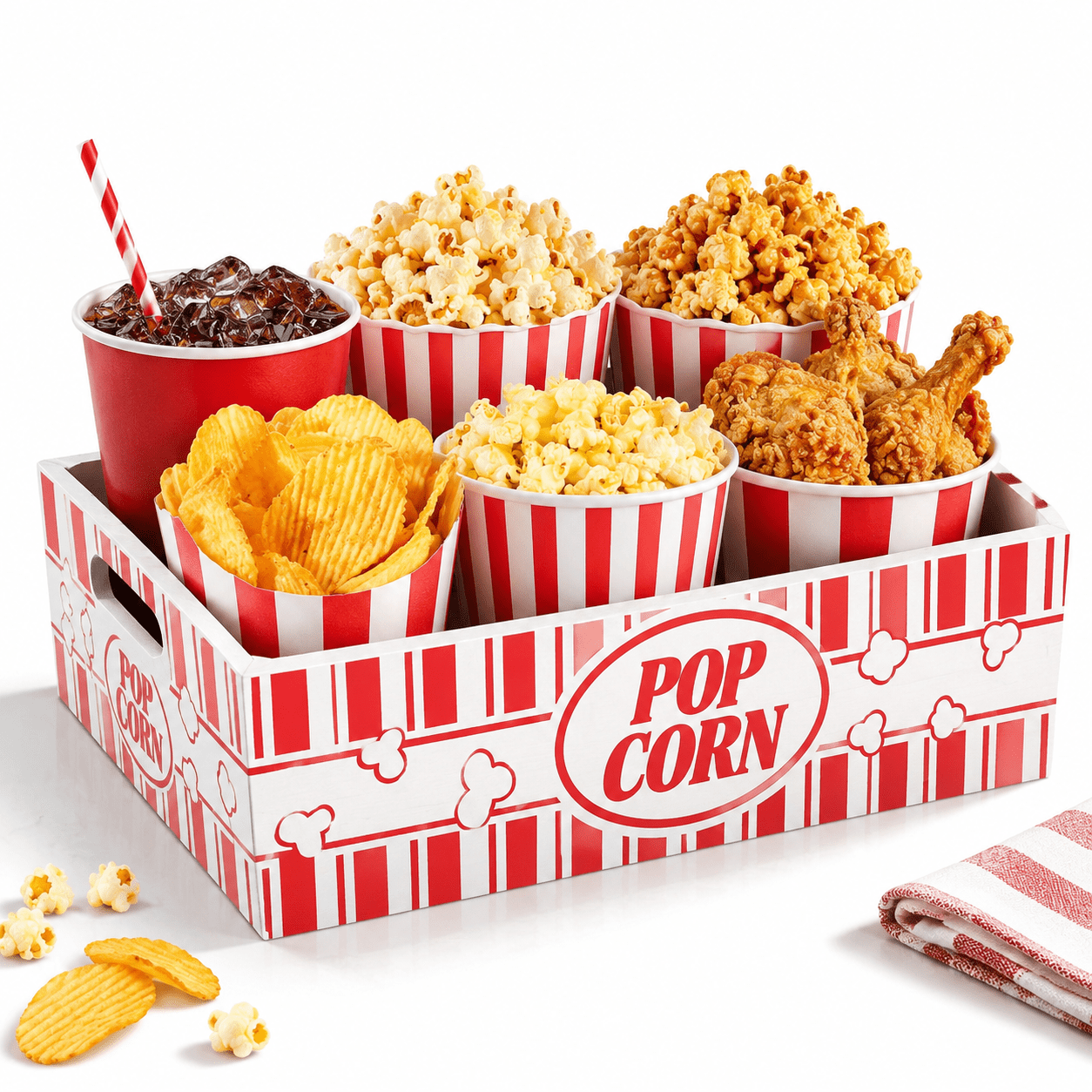 Wooden Movie Night Snack Tray with Handles, Reusable Popcorn Bucket ...