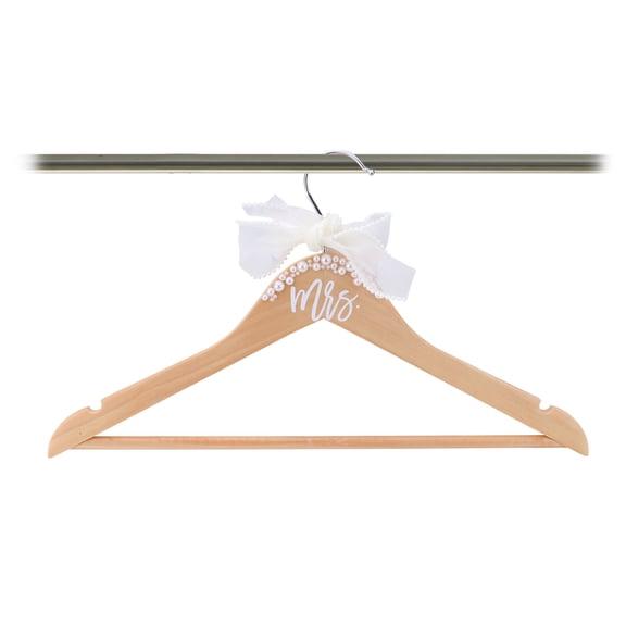 Wooden Mrs. Bride Hanger for Wedding Dress, Elegant Bridal Hanger with Ribbon Bow Tie & Pearls for Gift Shower Party Suit Gowns Keepsake 38 cm