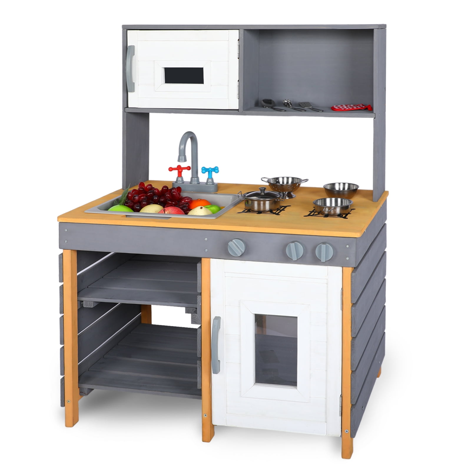 Wooden Mud Kitchen Outdoor Play Kitchen with Removable Sink Water Box Faucet Stove Top Storage Bags Metal Basket Kitchen Backyard Outdoor Pretend