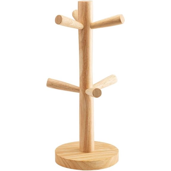 Wooden Mug Holder Tree with 6 Hooks Mug Stand Mug Rack Coffee Cup Holder Mug Hanger Tea Coffee Bar Organizer for Kitchen Counter and Display Dinnerware Storage