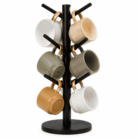 Wooden Mug Holder Tree with 6 Hooks Black Coffee Cup Stand for Kitchen Countertop Organizer, 13.8" x 6.3"