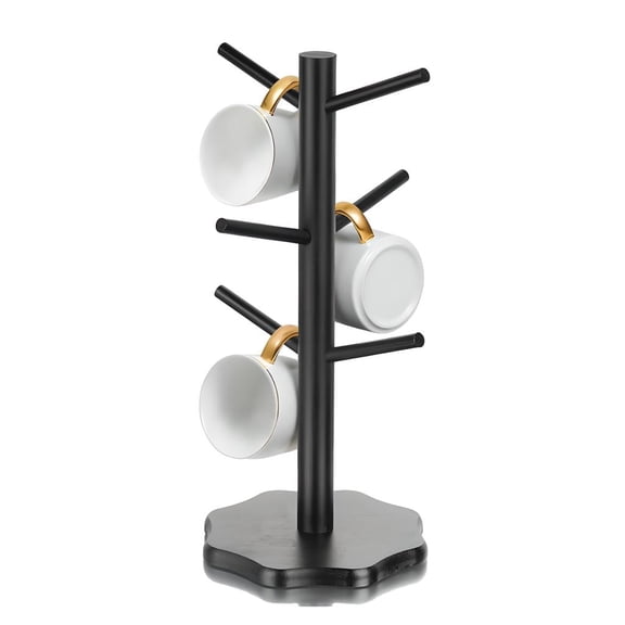 Wooden Mug Tree Holder 6 Hooks,Space Saving Coffee Cup Organizer for Kitchen Countertop Storage (Natural Wood & Black)