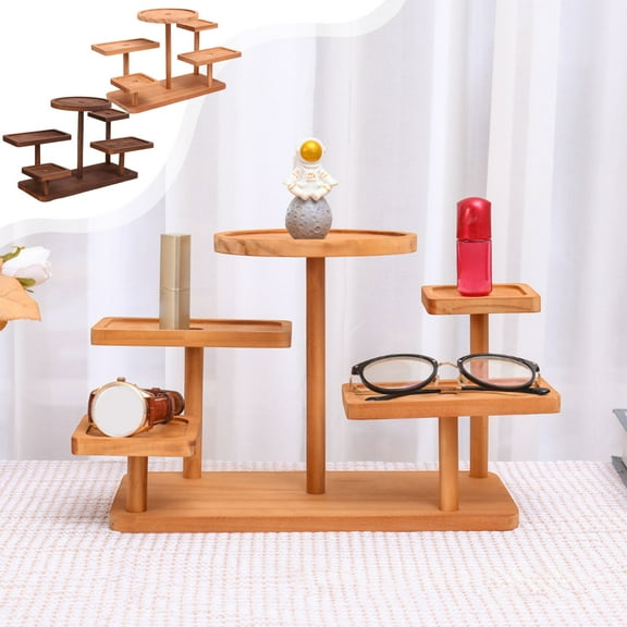 Wooden Multi-Layer Display Stand | 5-Tier Stepped Shelf for Figurines, Mini Plant Pots, Home Decor | Expandable Modular Organizer | Coffee, Khaki | 29.5x21x13cm Solid Wood | Scratch-Resistant