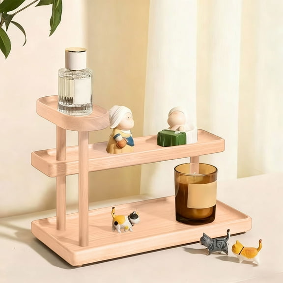 Wooden Multi-Tier Storage Display Rack | Desktop Organizer for Tea Cups, Perfume & Cosmetics | Solid Wood Decorative Stand | Beige Finish