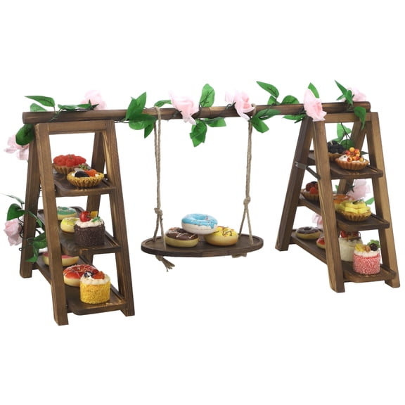 Wooden Multi-Tiered Dessert Stand with Swing and Flower Vine, A-Frame Foldable Wood Cake Serving Rack, 32" x 7.9" x 15.7" x 13.8" for Parties, Weddings, Buffets, Easy Assembly