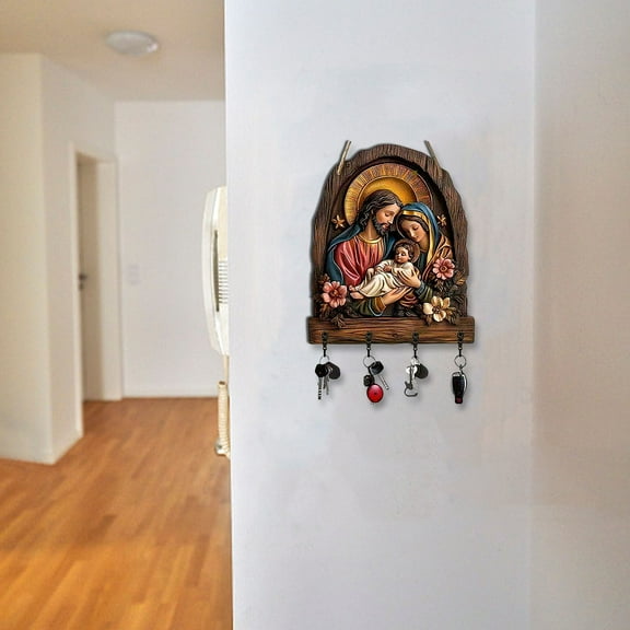 Wooden Multifunctional Home Key Holder Religious Wall Rack Sacred Decor Four Hooks Communion Symbol Entryway Porch Room Villa Organizer Spiritual Neat Storage Art Functional Gift Mount Graphic
