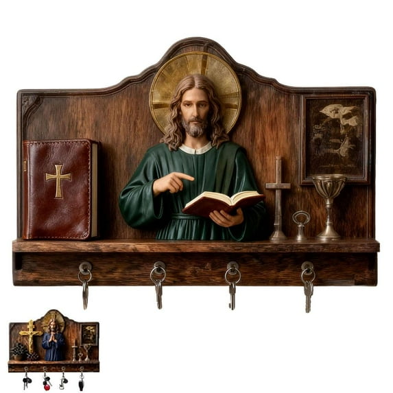 Wooden Multifunctional Home Key Holders,2D Flat Communion Art Keychain Rack with 4 Hooks,Christian Christmas Autumn Wall Mounted Key Rack,Religious Welcome Sign Decor for Entryway
