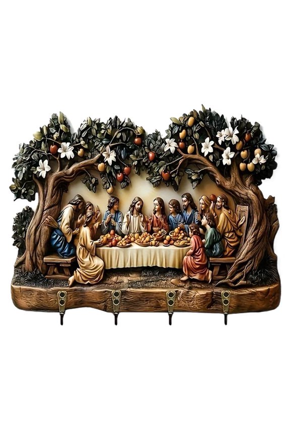 Wooden Multifunctional Home Key Holders - Small 2D Flat Communion Art Keychain Rack with 4 Hooks,Religious Christian Home Decor Wall Mount, Multifunctional Organizer with Hooks