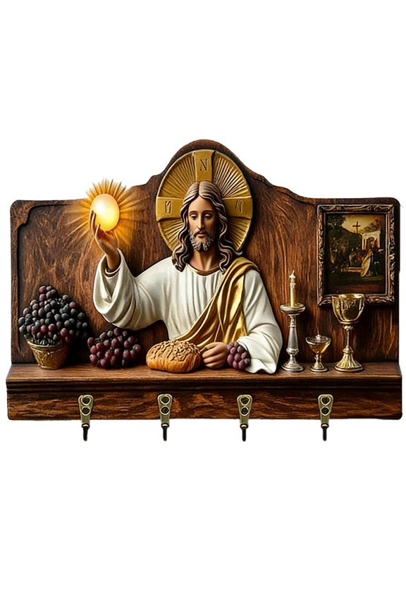 Wooden Multifunctional Home Key Holders, Small 2D Flat Jeus Communion Art Keychain Rack with 4 Hooks, Christmas Religious Christian Wall Mounted Wooden Keys Holder for Entryway
