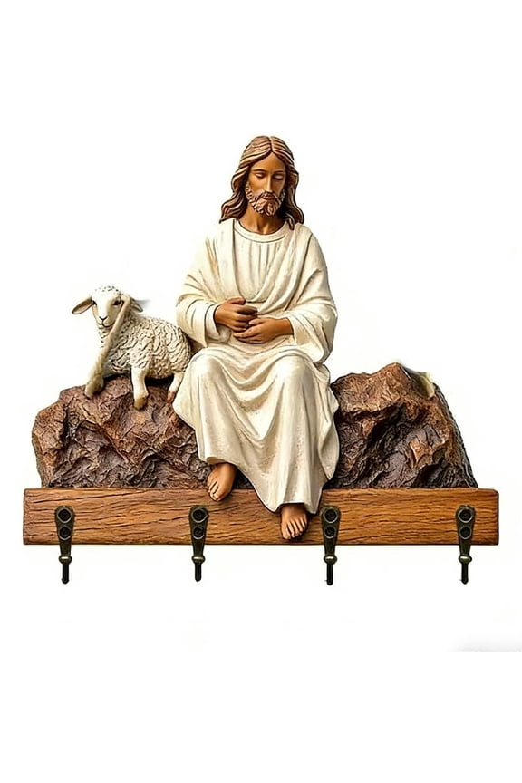 Wooden Multifunctional Home Key Holders, Small 2D Flat Jeus Communion Art Keychain Rack with 4 Hooks, Christmas Religious Christian Wall Mounted Wooden Keys Holder for Entryway