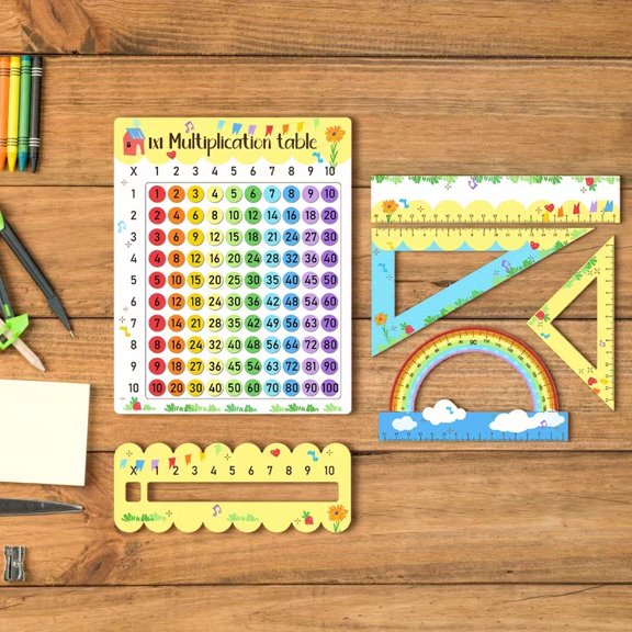 Wooden Multiplication Table and Ruler Set - Colorful Math Learning Boards, Protractors, Set Squares & Rulers for Kids