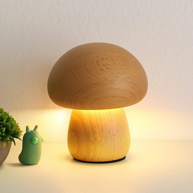 Wooden Mushroom Lamp Portable Cordless Small Lamp Rechargeable Battery Operated Lamp 3 Colors Stepless Dimming Night Light for Birthday Gifts