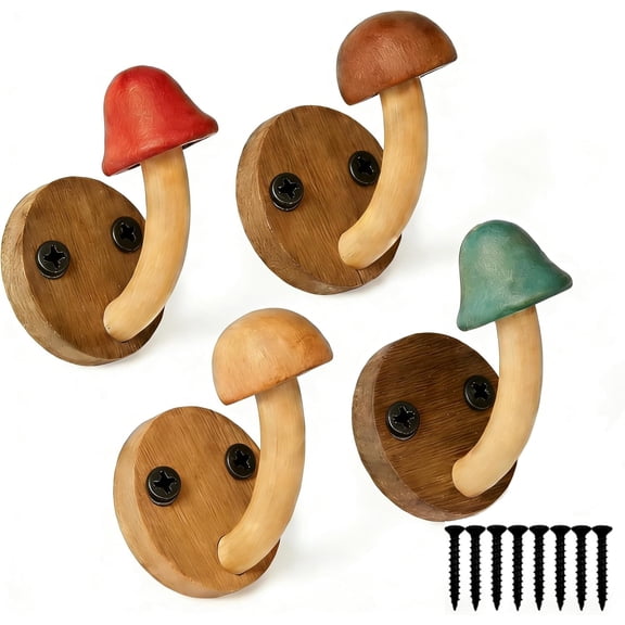 Wooden Mushroom Wall Hooks, Set of 4 Cute Mushroom-Shaped Coat & Towel Hangers for Bathroom, Bedroom, Kitchen, Rustic Wall Mounted Storage(RL Screw Installation 4 PCS)